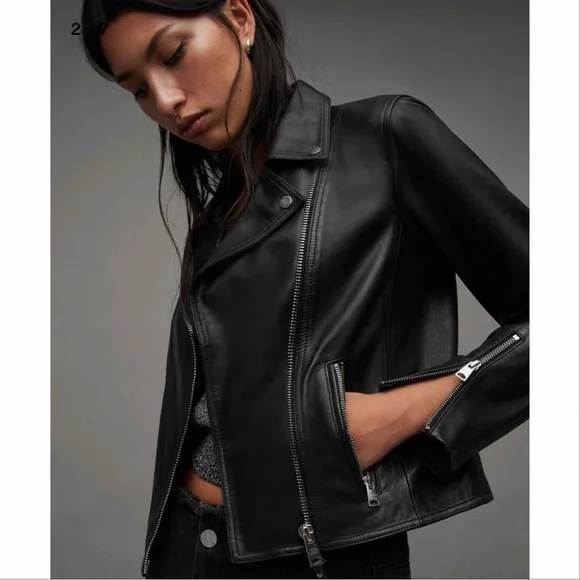 NWT Allsaints Neve Shrunken Slim Fit Leather Biker Jacket Size 6 - Picture 2 of 5